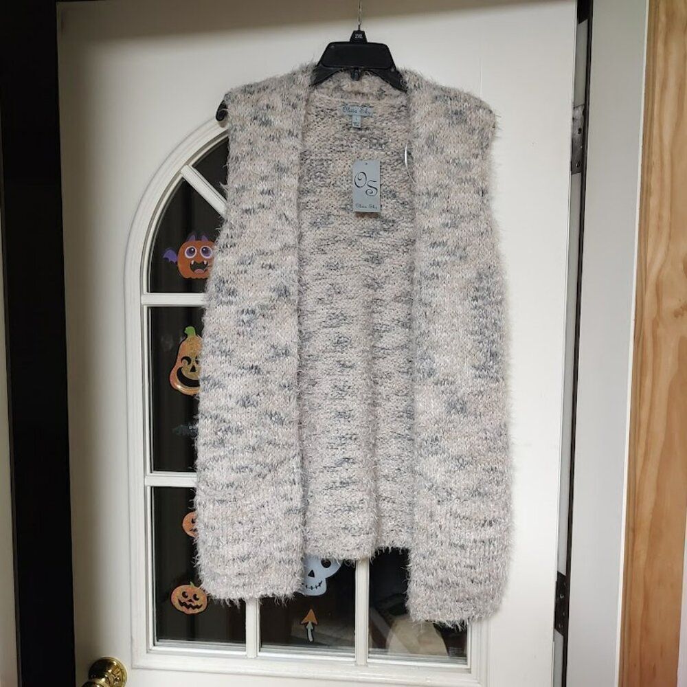 New Olivia Sky Light Beige Gray Sleeveless Fuzzy Open Front Cardigan Women's L